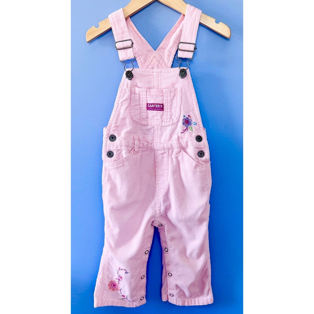 Vintage Carters Pink Corduroy Floral Embroidered Overalls 18 Months Bibs